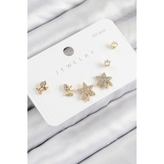 Pirinç Zirkon Taşlı Yıldız Ve Gül Model Gold Renk 925 Ayar Gümüş Çivi Kadın Küpe Set - TJ-BKP11180
