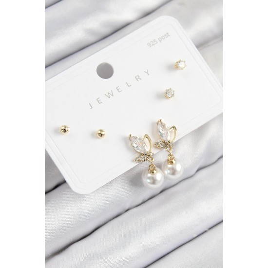 Pirinç Zirkon Taşlı İnci Sallantılı Damla Model Gold Renk 925 Ayar Gümüş Çivi Kadın Küpe Set - TJ-BKP11184