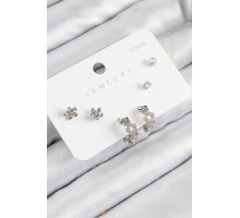 Pirinç Zirkon Taşlı Halka Model Gümüş Renk 925 Ayar Gümüş Çivi Kadın Küpe Set - TJ-BKP11185