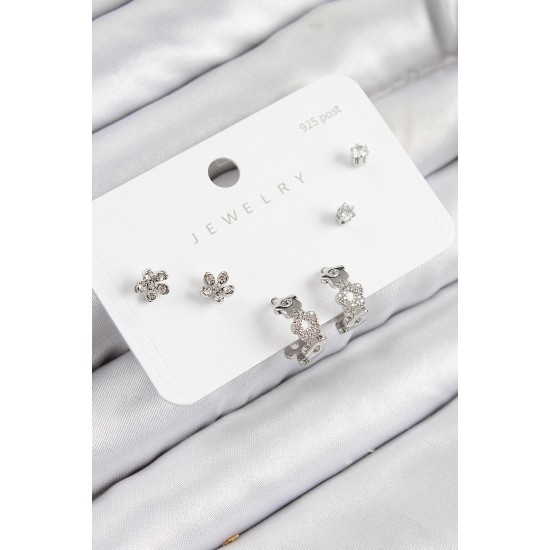 Pirinç Zirkon Taşlı Halka Model Gümüş Renk 925 Ayar Gümüş Çivi Kadın Küpe Set - TJ-BKP11185