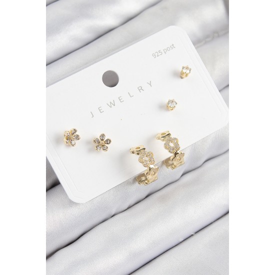 Pirinç Zirkon Taşlı Halka Model Gold Renk 925 Ayar Gümüş Çivi Kadın Küpe Set - TJ-BKP11186