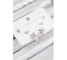 Pirinç Zirkon Taşlı İnci Melek Model Gümüş Renk 925 Ayar Gümüş Çivi Kadın Küpe Set - TJ-BKP11187