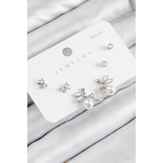 Pirinç Zirkon Taşlı İnci Melek Model Gümüş Renk 925 Ayar Gümüş Çivi Kadın Küpe Set - TJ-BKP11187