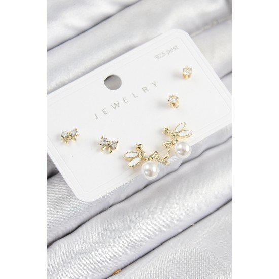 Pirinç Zirkon Taşlı İnci Melek Model Gold Renk 925 Ayar Gümüş Çivi Kadın Küpe Set - TJ-BKP11188