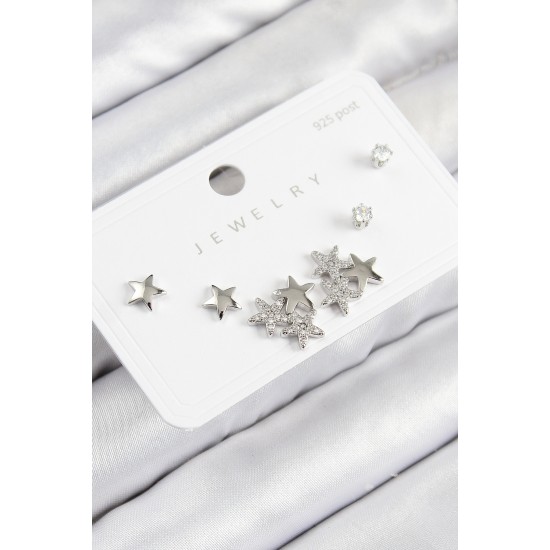 Pirinç Zirkon Taşlı Yıldız Model Gümüş Renk 925 Ayar Gümüş Çivi Kadın Küpe Set - TJ-BKP11189