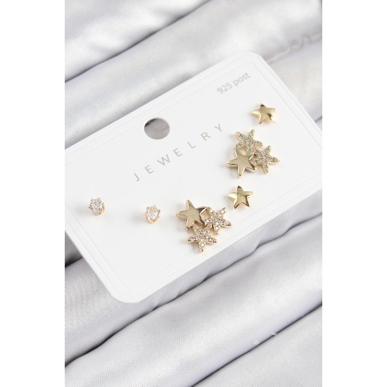 Pirinç Zirkon Taşlı Yıldız Model Gold Renk 925 Ayar Gümüş Çivi Kadın Küpe Set - TJ-BKP11190