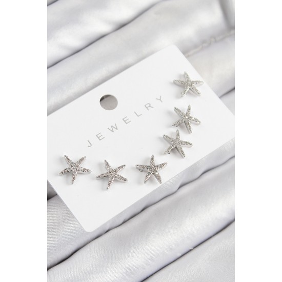 Pirinç Zirkon Taşlı Deniz Yıldızı Model Gümüş Renk 925 Ayar Gümüş Çivi Kadın Küpe Set - TJ-BKP11191
