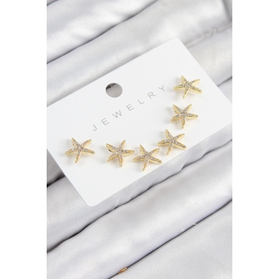 Pirinç Zirkon Taşlı Deniz Yıldızı Model Gold Renk 925 Ayar Gümüş Çivi Kadın Küpe Set - TJ-BKP11192
