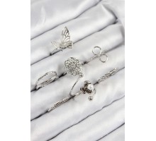 Pirinç Gül Kelebek Model Gümüş Renk Kadın Yüzük Kombin Set - TJ-BYK3810