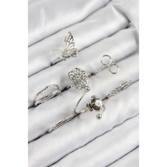 Pirinç Gül Kelebek Model Gümüş Renk Kadın Yüzük Kombin Set - TJ-BYK3810