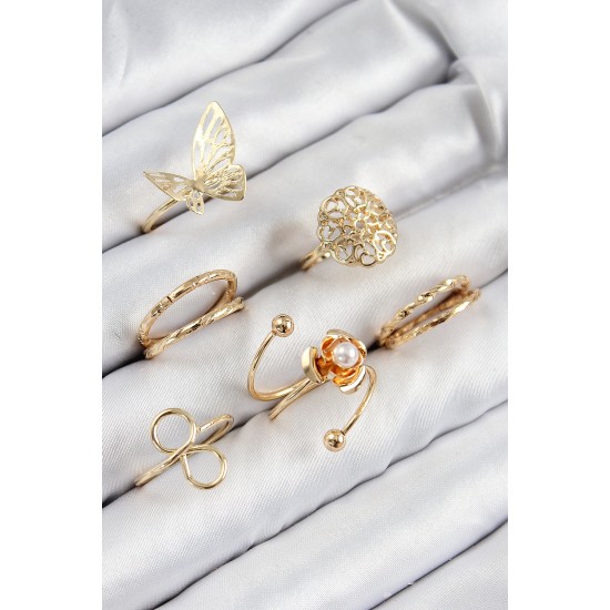 Pirinç Gül Kelebek Model Gümüş Renk Kadın Yüzük Kombin Set - TJ-BYK3811