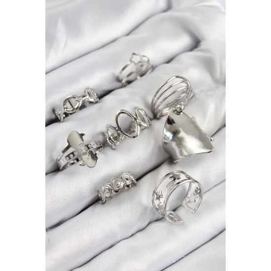 Pirinç Sarmal Ve Yıldız Model Gümüş Renk Kadın Yüzük Kombin Set - TJ-BYK3812