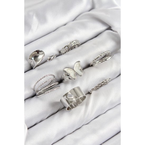 Pirinç Kelebek Model Gümüş Renk Kadın Yüzük Kombin Set - TJ-BYK3814