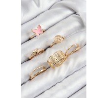 Pirinç Kelebek Ve Kalp Model Gold Renk Kadın Yüzük Kombin Set - TJ-BYK3817