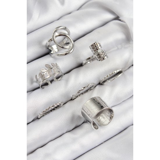 Pirinç Yaprak Model Gümüş Renk Kadın Yüzük Kombin Set - TJ-BYK3818