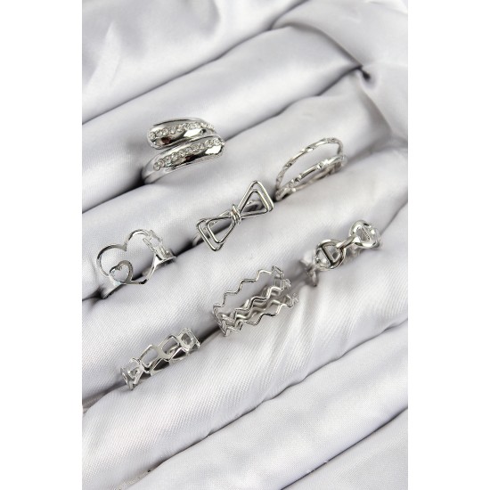 Pirinç Zirkon Taşlı Fiyonk Ve Kalp Model Gümüş Renk Kadın Yüzük Kombin Set - TJ-BYK3822