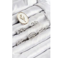 Pirinç Zirkon Taşlı Lale Model Gümüş Renk Kadın Yüzük Kombin Set - TJ-BYK3824