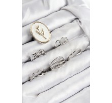 Pirinç Zirkon Taşlı Lale Model Gümüş Renk Kadın Yüzük Kombin Set - TJ-BYK3824