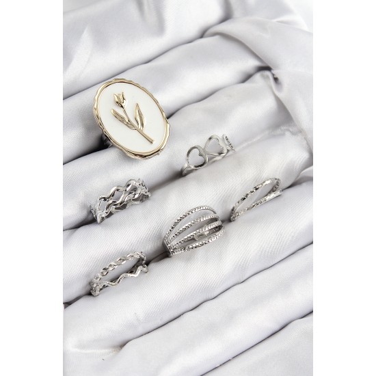 Pirinç Zirkon Taşlı Lale Model Gümüş Renk Kadın Yüzük Kombin Set - TJ-BYK3824