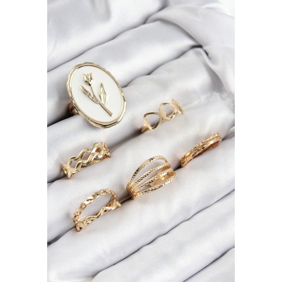 Pirinç Zirkon Taşlı Lale Model Gold Renk Kadın Yüzük Kombin Set - TJ-BYK3825