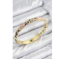 Mineli Pirinç Zirkon Taşlı Pembe Mor Çiçek Motifli Gold Kadın Kelepçe - TJ-BB7750