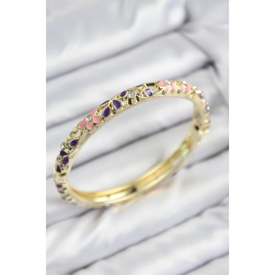 Mineli Pirinç Zirkon Taşlı Pembe Mor Çiçek Motifli Gold Kadın Kelepçe - TJ-BB7750