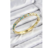 Mineli Pirinç Zirkon Taşlı Turkuaz Krem Çiçek Motifli Gold Kadın Kelepçe - TJ-BB7751