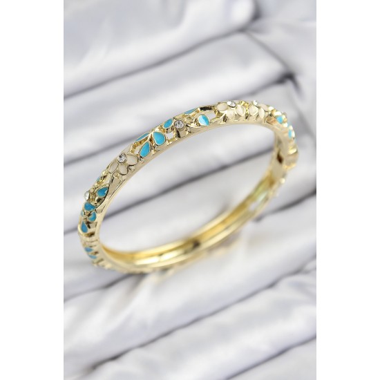 Mineli Pirinç Zirkon Taşlı Turkuaz Krem Çiçek Motifli Gold Kadın Kelepçe - TJ-BB7751