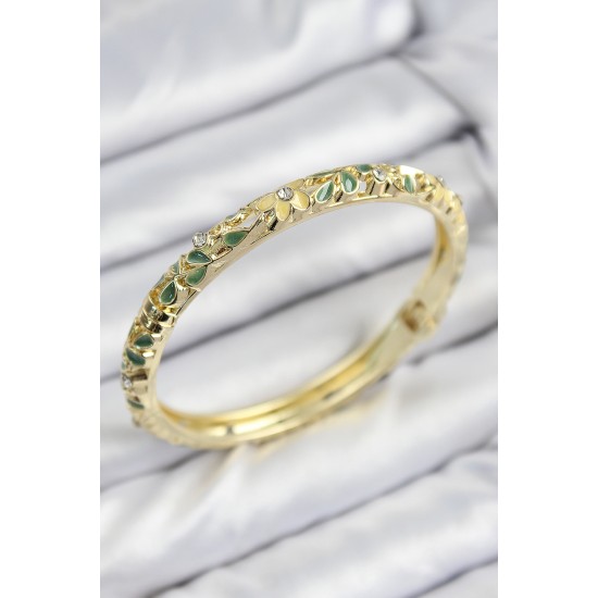 Mineli Pirinç Zirkon Taşlı Yeşil Sarı Çiçek Motifli Gold Kadın Kelepçe - TJ-BB7753
