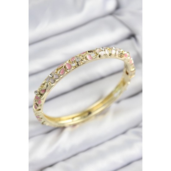 Mineli Pirinç Zirkon Taşlı Pembe Çiçek Motifli Gold Kadın Kelepçe - TJ-BB7754