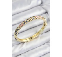 Mineli Pirinç Zirkon Taşlı Pembe Mor Çiçek Motifli Gold Kadın Kelepçe - TJ-BB7755