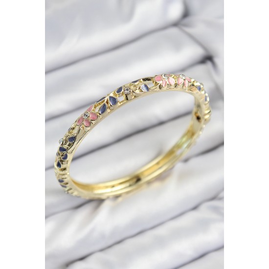 Mineli Pirinç Zirkon Taşlı Pembe Mor Çiçek Motifli Gold Kadın Kelepçe - TJ-BB7755