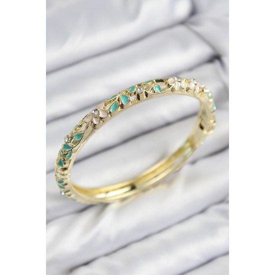 Mineli Pirinç Zirkon Taşlı Turkuaz Çiçek Motifli Gold Kadın Kelepçe - TJ-BB7756