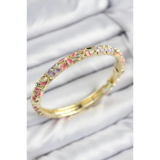 Mineli Pirinç Zirkon Taşlı Pembe Mor Çiçek Motifli Gold Kadın Kelepçe - TJ-BB7757