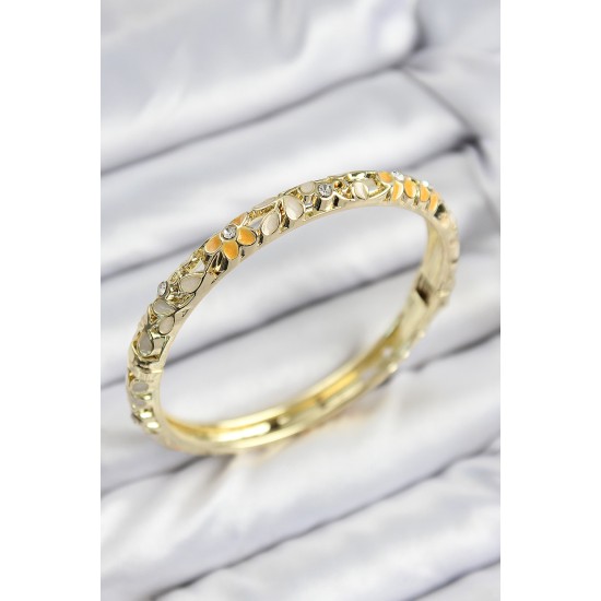 Mineli Pirinç Zirkon Taşlı Sarı Krem Çiçek Motifli Gold Kadın Kelepçe - TJ-BB7758