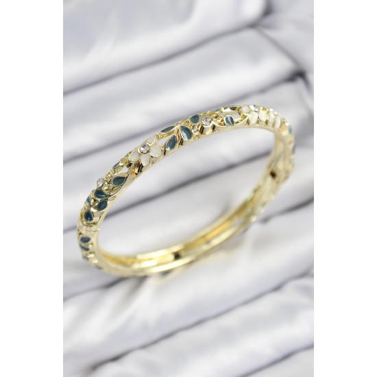 Mineli Pirinç Zirkon Taşlı Yeşil Krem Çiçek Motifli Gold Kadın Kelepçe - TJ-BB7759