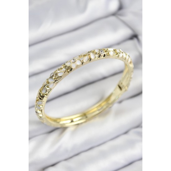 Mineli Pirinç Zirkon Taşlı Beyaz Çiçek Motifli Gold Kadın Kelepçe - TJ-BB7760