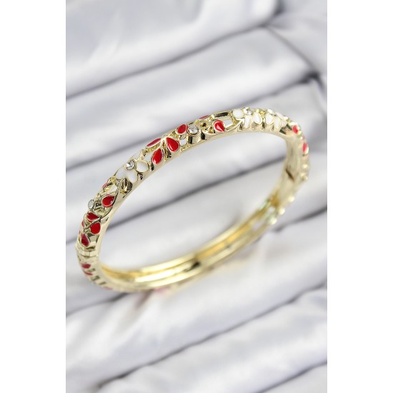 Mineli Pirinç Zirkon Taşlı Kırmızı Çiçek Motifli Gold Kadın Kelepçe - TJ-BB7762