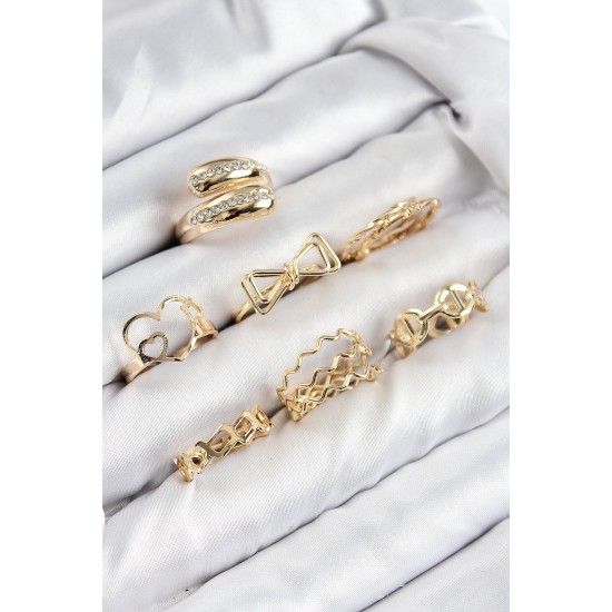 Pirinç Zirkon Taşlı Fiyonk Ve Kalp Model Gold Renk Kadın Yüzük Kombin Set - TJ-BYK3823