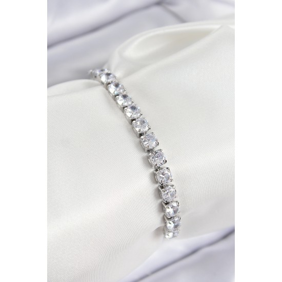 Pirinç Zirkon Taşlı Kare Model Gümüş Renk Asansörlü Kadın Bileklik - TJ-BB7763