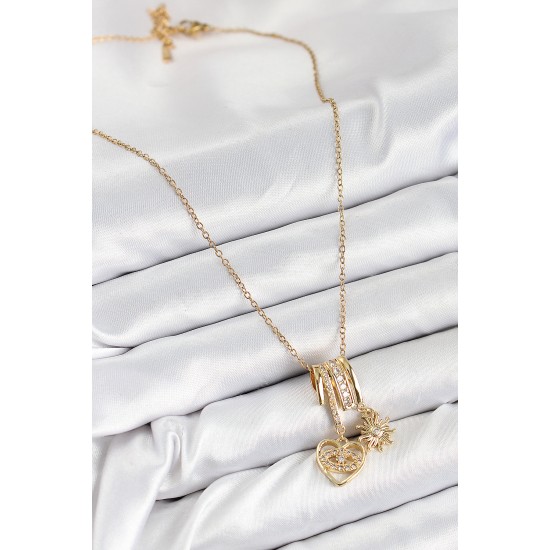 316L Çelik Zirkon Taşlı Sallantılı Kalp Ve Güneş Model Gold Renk Kadın Kolye - TJ-BKO10478