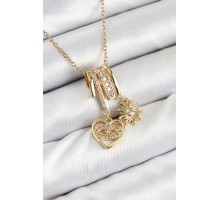316L Çelik Zirkon Taşlı Sallantılı Kalp Ve Güneş Model Gold Renk Kadın Kolye - TJ-BKO10478
