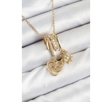 316L Çelik Zirkon Taşlı Sallantılı Kalp Ve Güneş Model Gold Renk Kadın Kolye - TJ-BKO10478