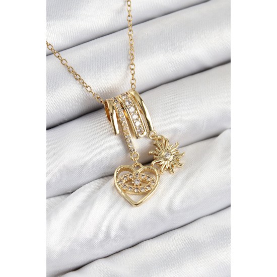 316L Çelik Zirkon Taşlı Sallantılı Kalp Ve Güneş Model Gold Renk Kadın Kolye - TJ-BKO10478