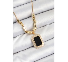 316L Çelik Zirkon Taşlı Siyah Baget Model Gold Renk Kadın Kolye - TJ-BKO10480