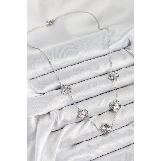 Pirinç VIP Yonca Model Gümüş Renk Kadın Kolye - TJ-BKO10483