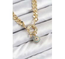 Pirinç Zirkon Taşlı Nazar Boncuk Detaylı Klasik Zincir Model Gold Renk Kadın Kolye - TJ-BKO10482