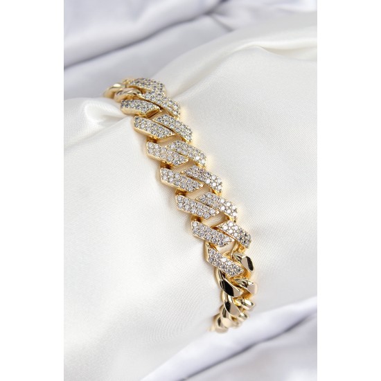 VIP Pirinç Zirkon Taşlı Cuba Model Gold Renk Kadın Bileklik - TJ-BB7765