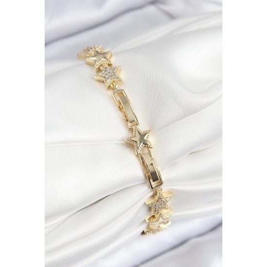 VIP Pirinç Zirkon Taşlı Yıldız Model Gold Renk Kadın Bileklik - TJ-BB7768