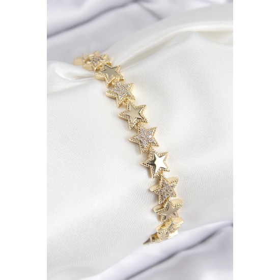 VIP Pirinç Zirkon Taşlı Yıldız Model Gold Renk Kadın Bileklik - TJ-BB7768